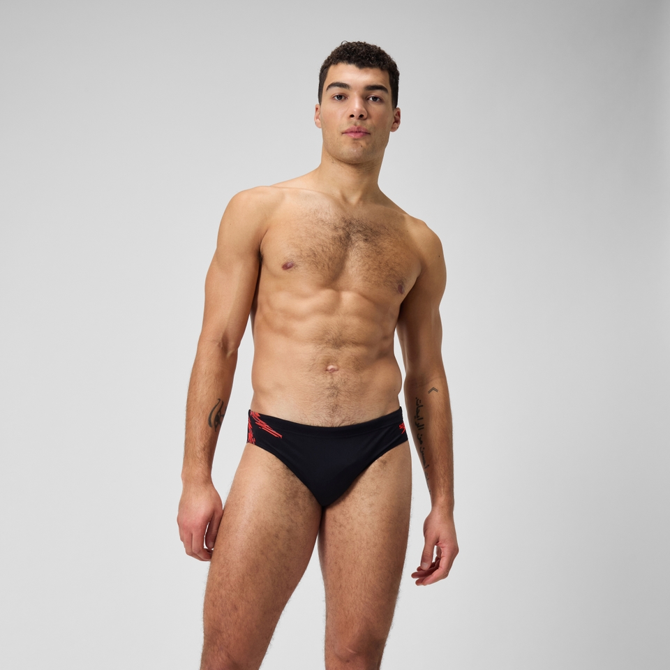 Herren Tech Badehose mit Einsatz, 7 cm Schwarz/Rot