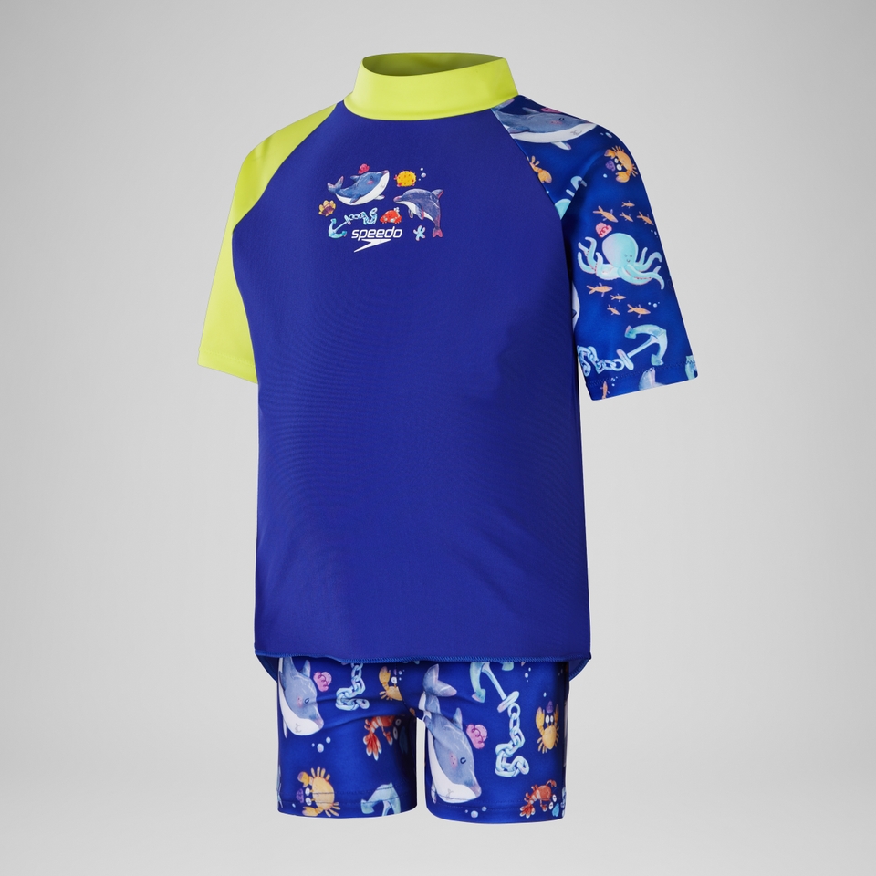 Jungen Set mit kurzärmeligen Rash-Top und Digital-Print Blau