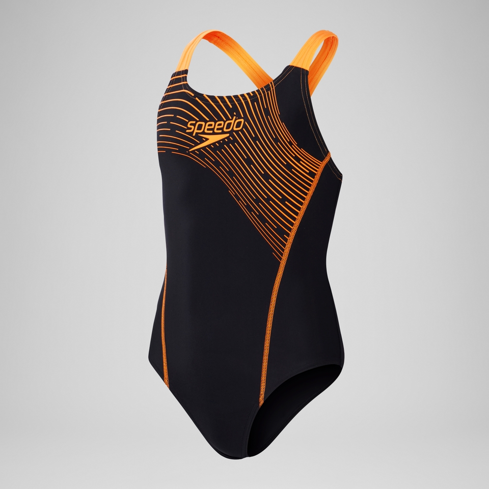 Girls' Medley Logo Swimsuit Black/Orange
