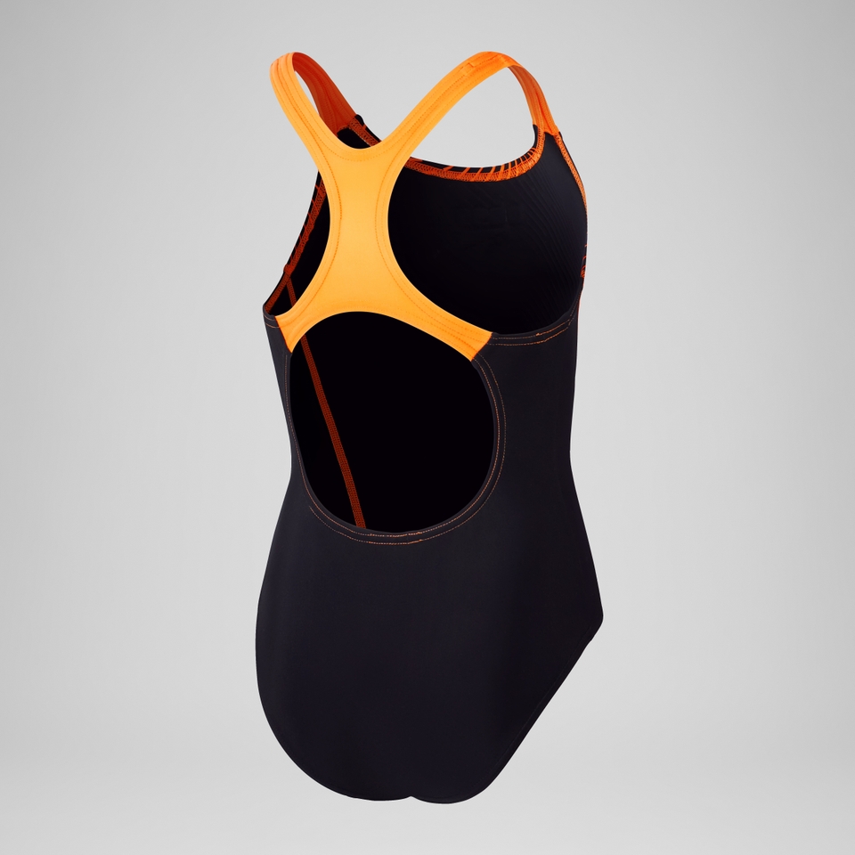 Girls' Medley Logo Swimsuit Black/Orange
