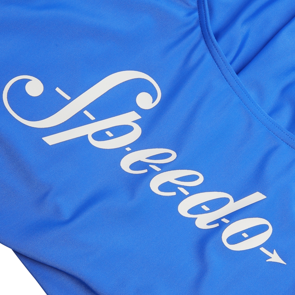 Damen Badeanzug mit Logo und tiefem Rücken Blau