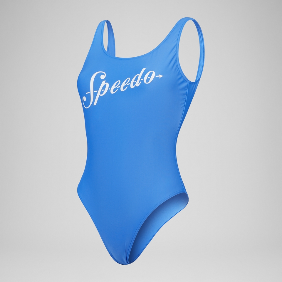 Damen Badeanzug mit Logo und tiefem Rücken Blau
