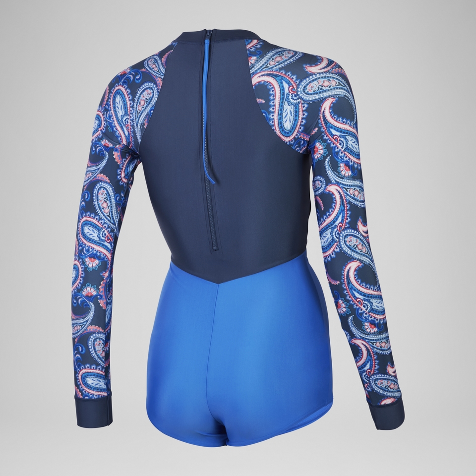 Damen Langarm-Badeanzug mit extra tiefem Beinausschnitt Marineblau/Blau