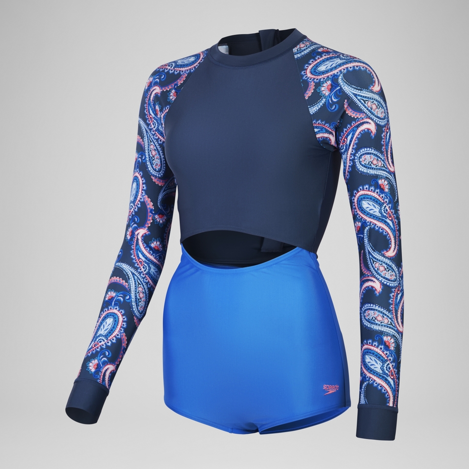 Damen Langarm-Badeanzug mit extra tiefem Beinausschnitt Marineblau/Blau