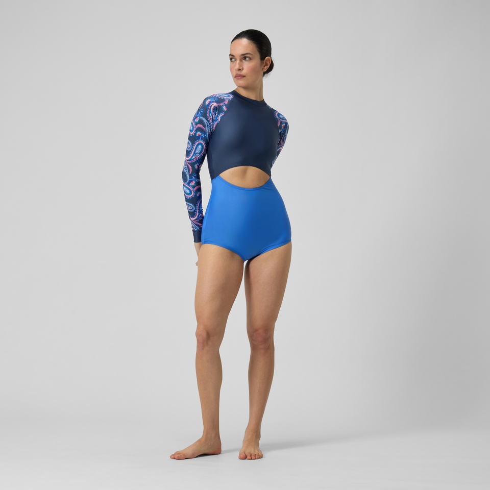Damen Langarm-Badeanzug mit extra tiefem Beinausschnitt Marineblau/Blau