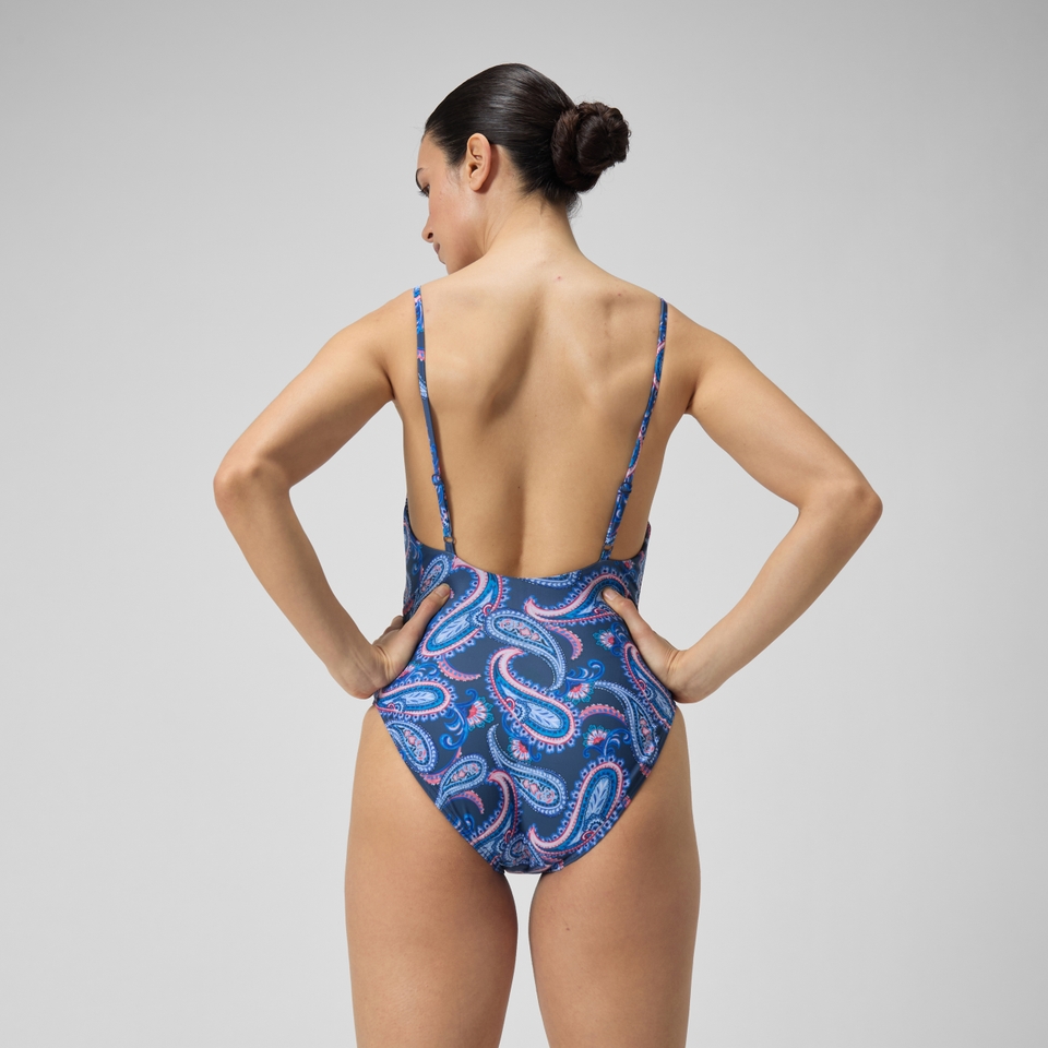 Maillot de bain 1 pièce imprimé à bretelles fines réglables pour Femmes Bleu épicéa/Magenta brume