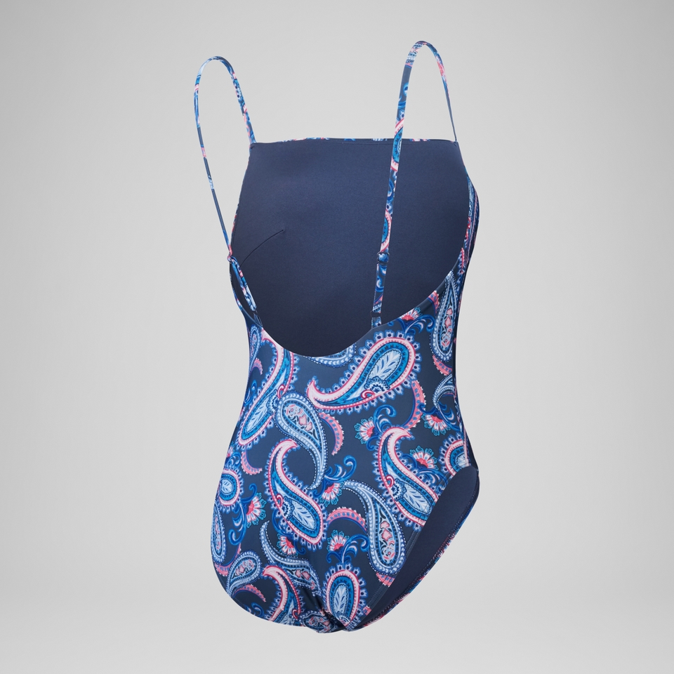 Maillot de bain 1 pièce imprimé à bretelles fines réglables pour Femmes Bleu épicéa/Magenta brume