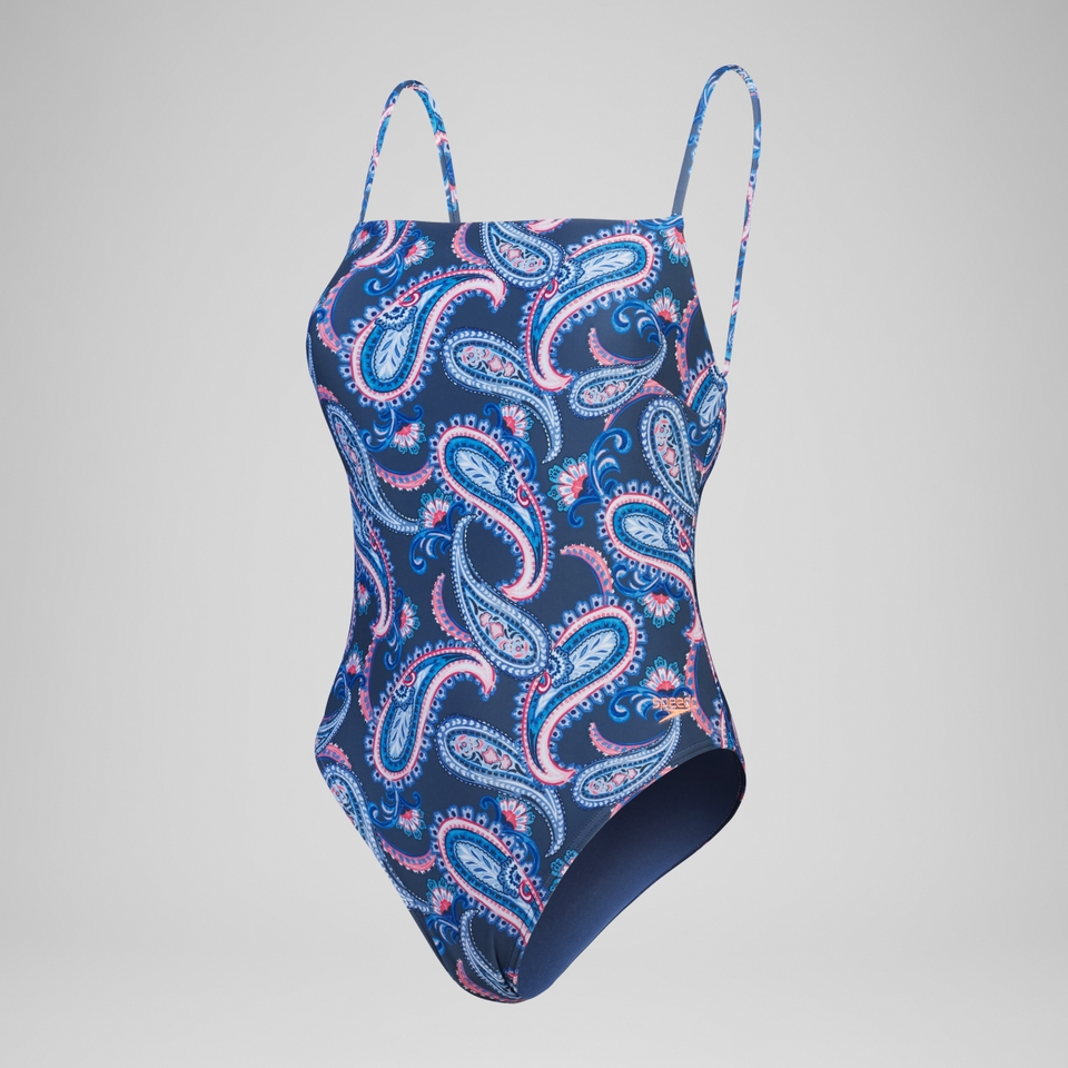 Maillot de bain 1 pièce imprimé à bretelles fines réglables pour Femmes Bleu épicéa/Magenta brume