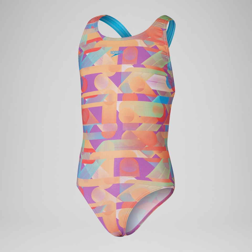 Mädchen Leaderback Badeanzug mit digitalem Allover-Print Pink/Blau