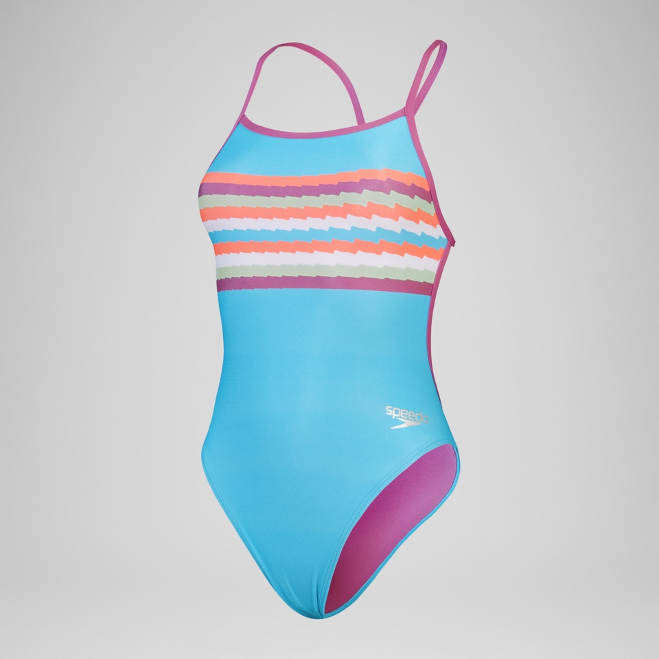 Damen Badeanzug mit V-Rücken und digitalem Print Blau/Pink
