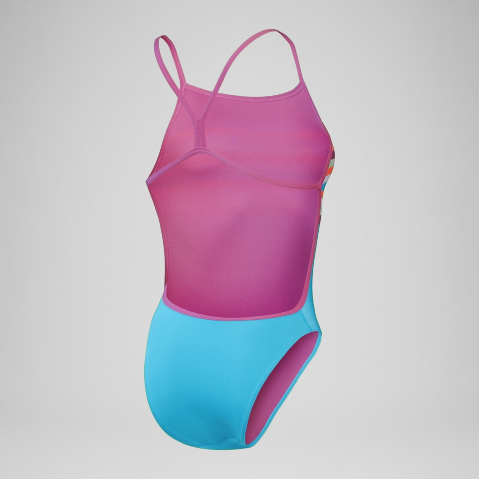 Damen Badeanzug mit V-Rücken und digitalem Print Blau/Pink