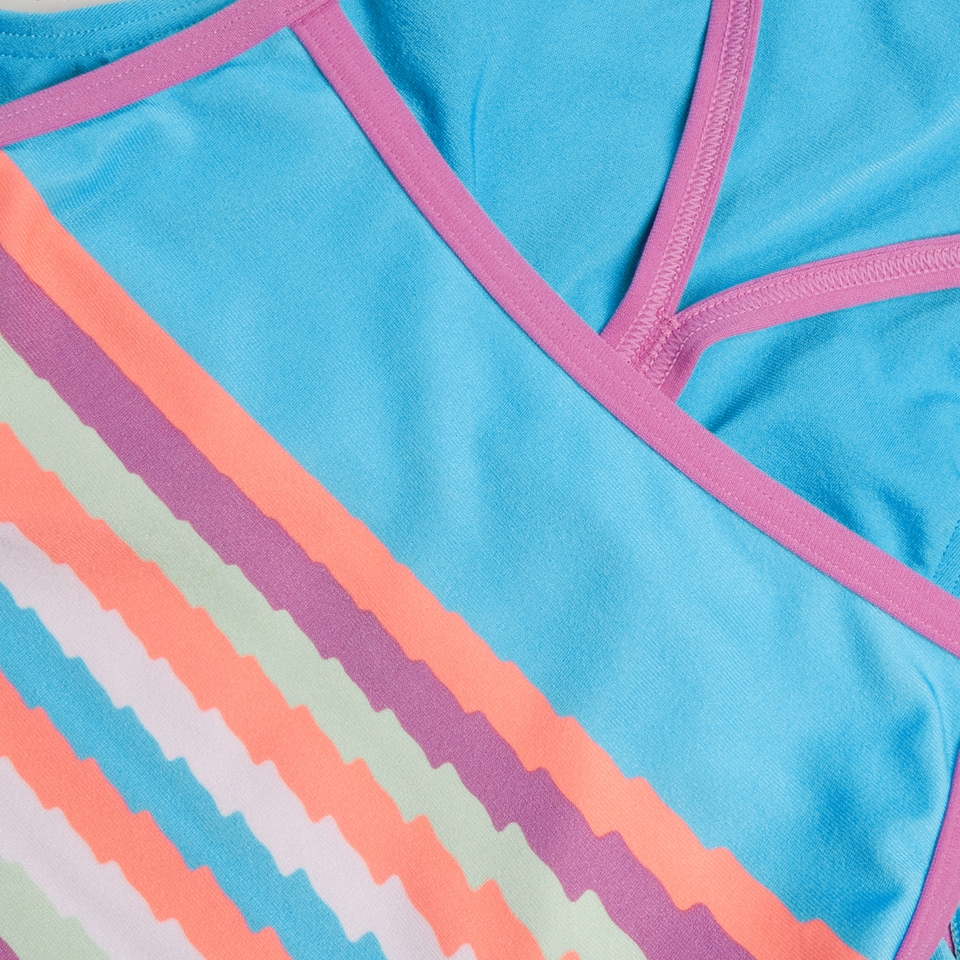 Damen Badeanzug mit V-Rücken und digitalem Print Blau/Pink