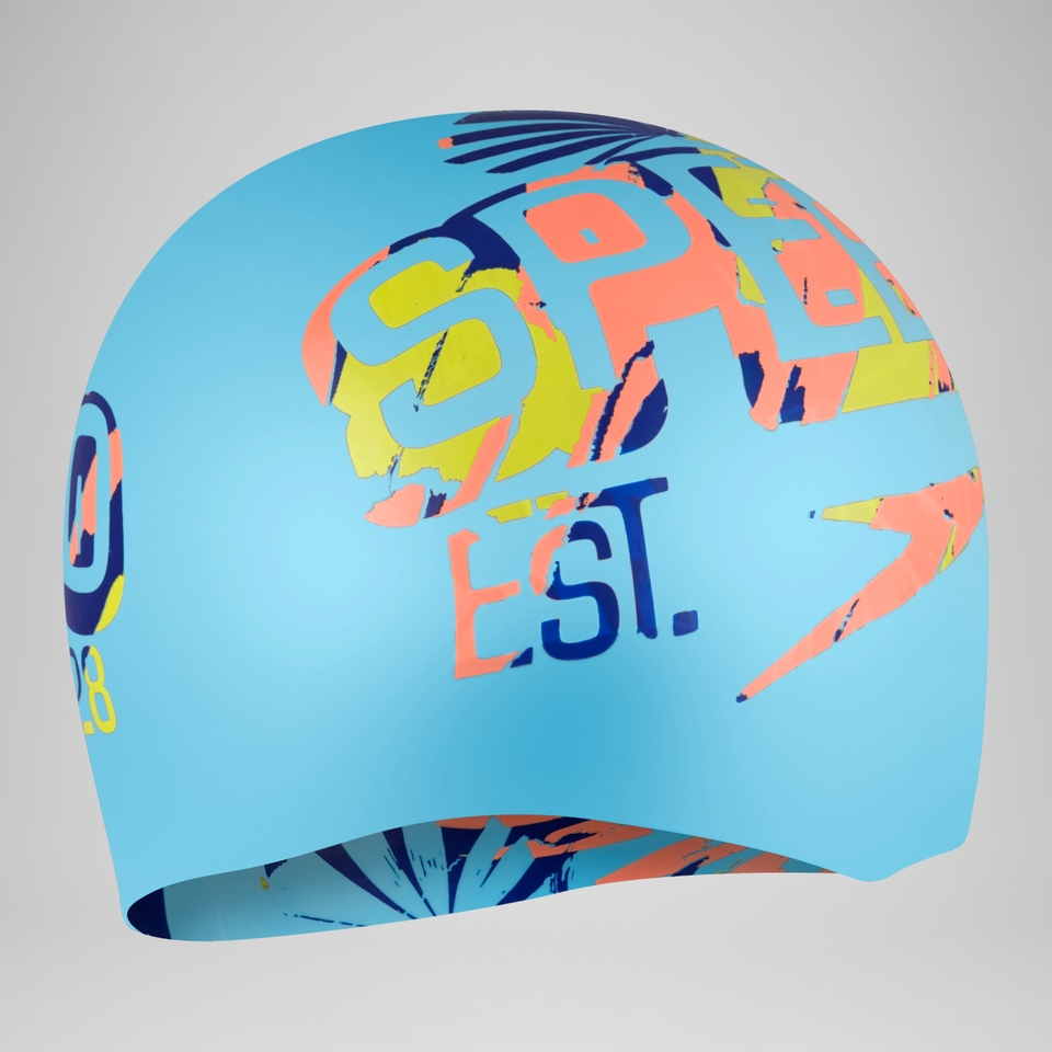 Bonnet de bain enfant réversible à message Bleu picton/Jus de citron/Rouge sirène