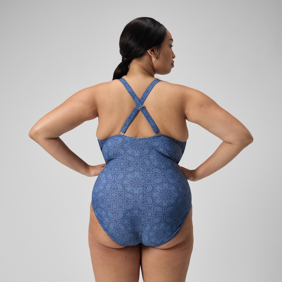 Women's Plus Size Shaping Printed V Neck Swimsuit Navy/Blue