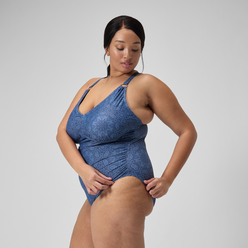 Women's Plus Size Shaping Printed V Neck Swimsuit Navy/Blue