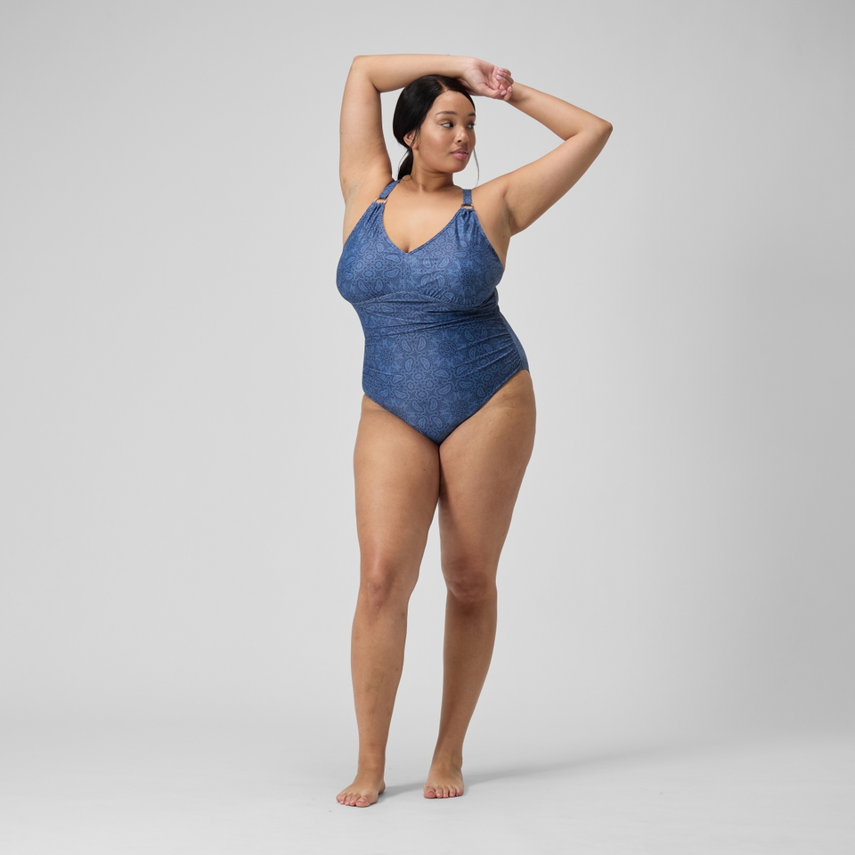 Women's Plus Size Shaping Printed V Neck Swimsuit Navy/Blue
