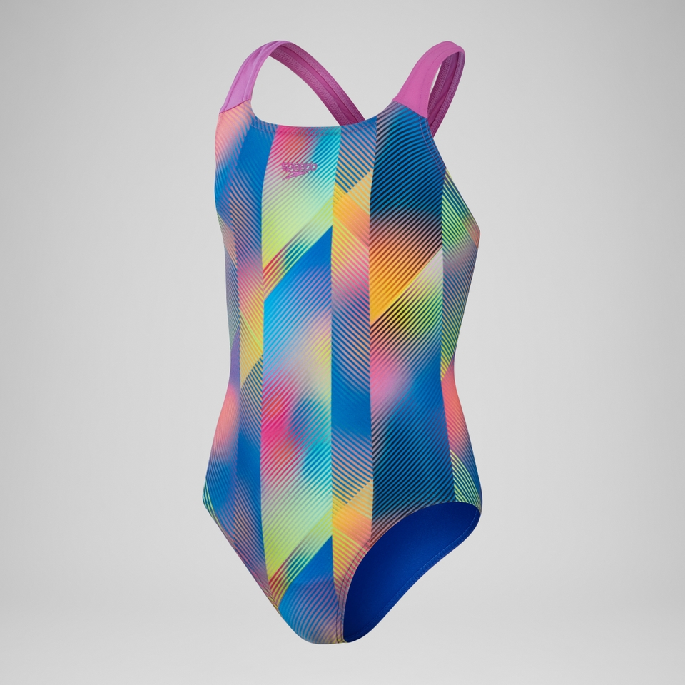 Girls' Digital Allover Powerback Swimsuit Blue/Pink