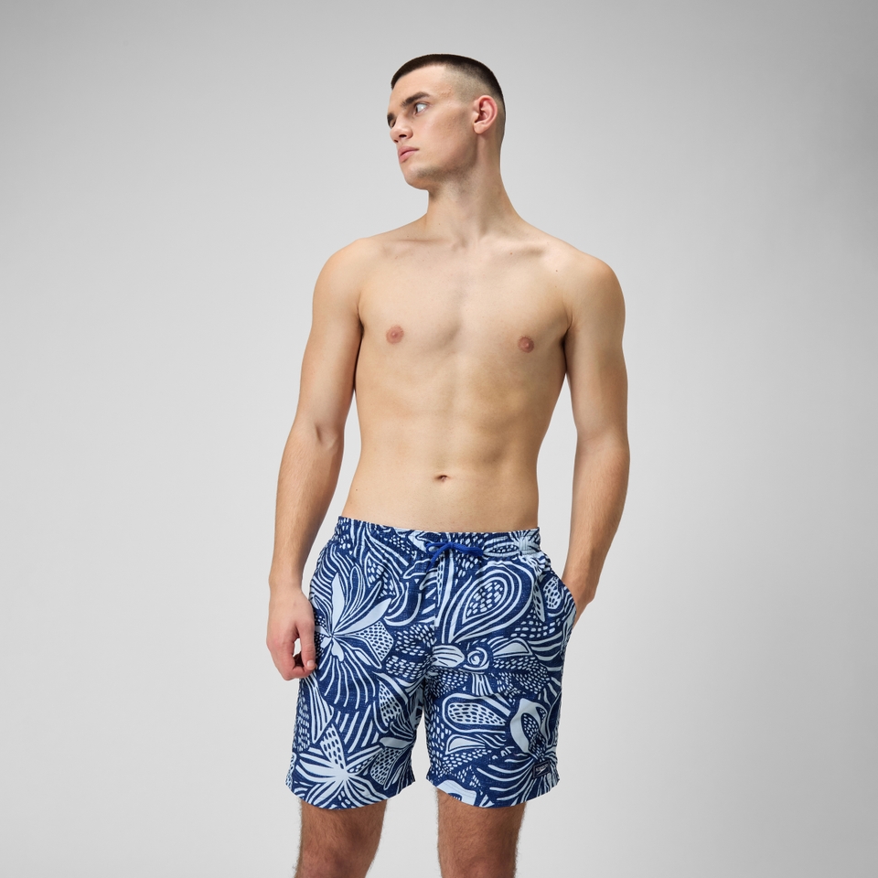 Herren Freizeit-Badeshorts mit Print, 18 Zoll Blau