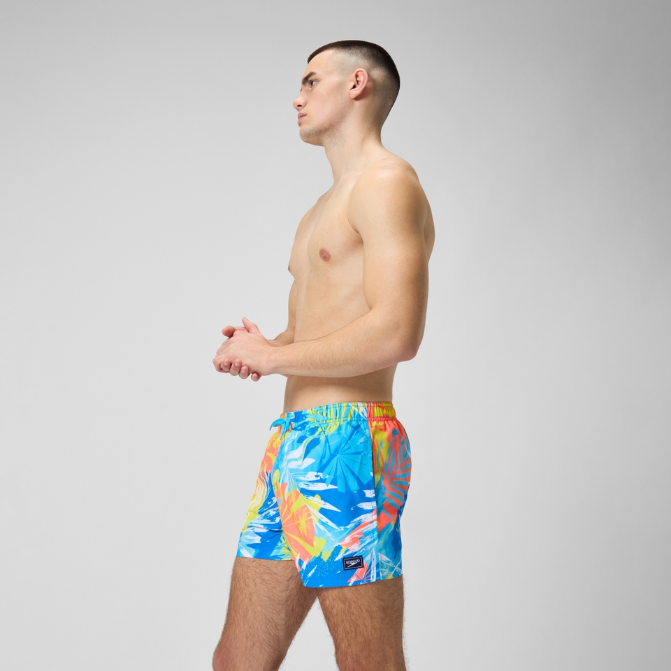 Herren Freizeit-Badeshorts mit Print, 14 Zoll Blau/Gelb