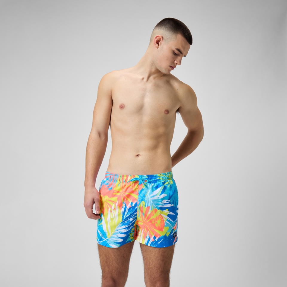 Herren Freizeit-Badeshorts mit Print, 14 Zoll Blau/Gelb