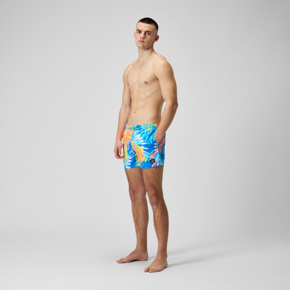 Herren Freizeit-Badeshorts mit Print, 14 Zoll Blau/Gelb