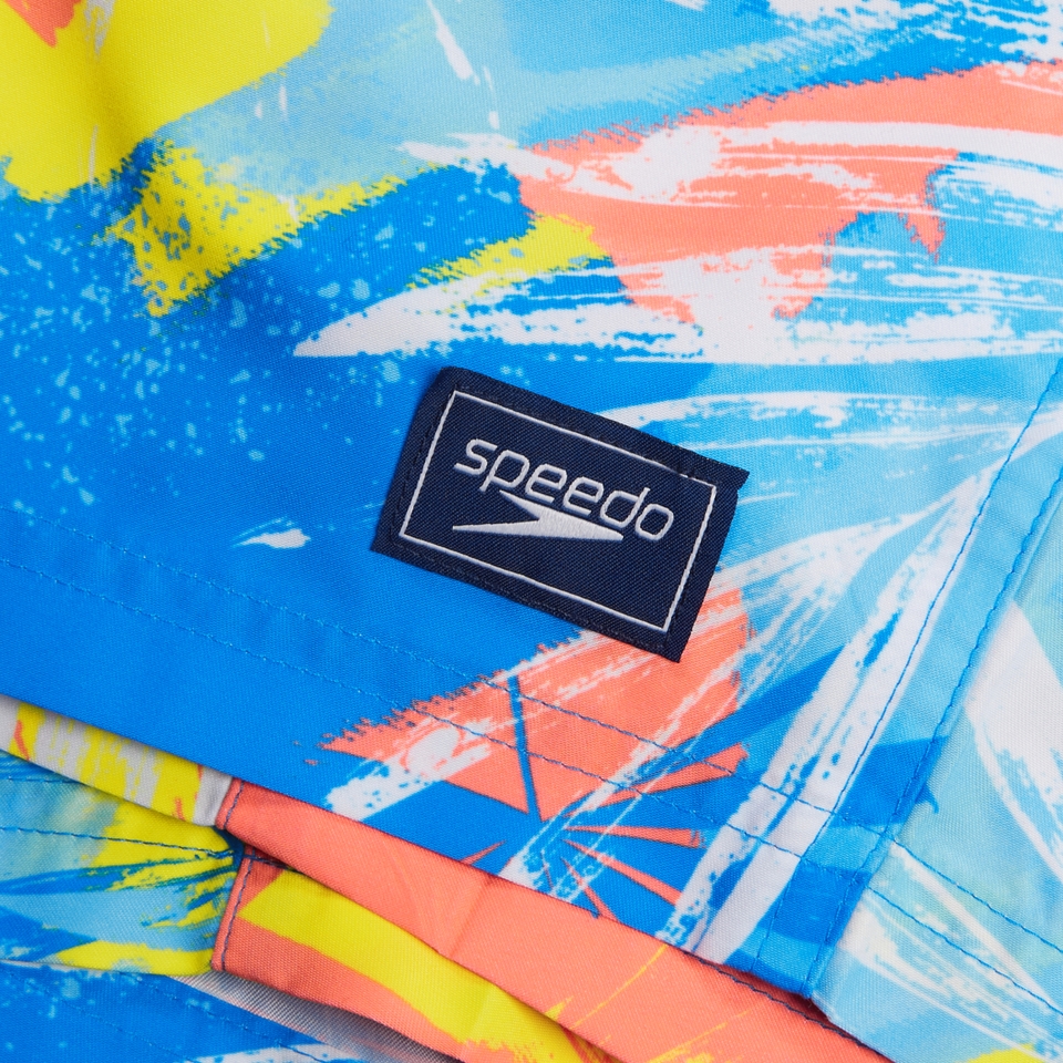 Herren Freizeit-Badeshorts mit Print, 14 Zoll Blau/Gelb