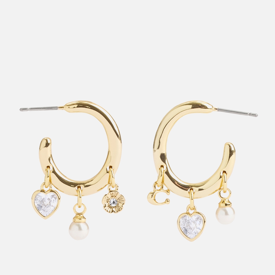 Coach Charm Embellished Pendant Gold-Tone Hoop Earrings