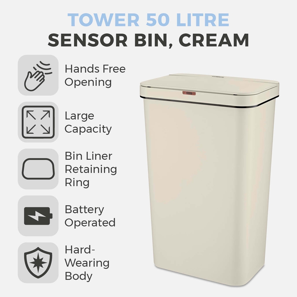 Tower Rectangular Cream Sensor Bin 50L Homebase