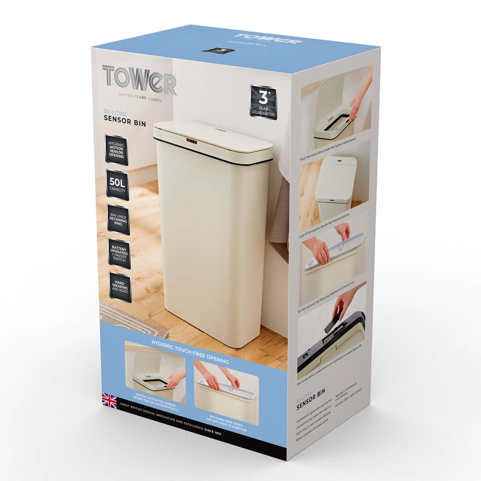Tower Rectangular Cream Sensor Bin 50L Homebase