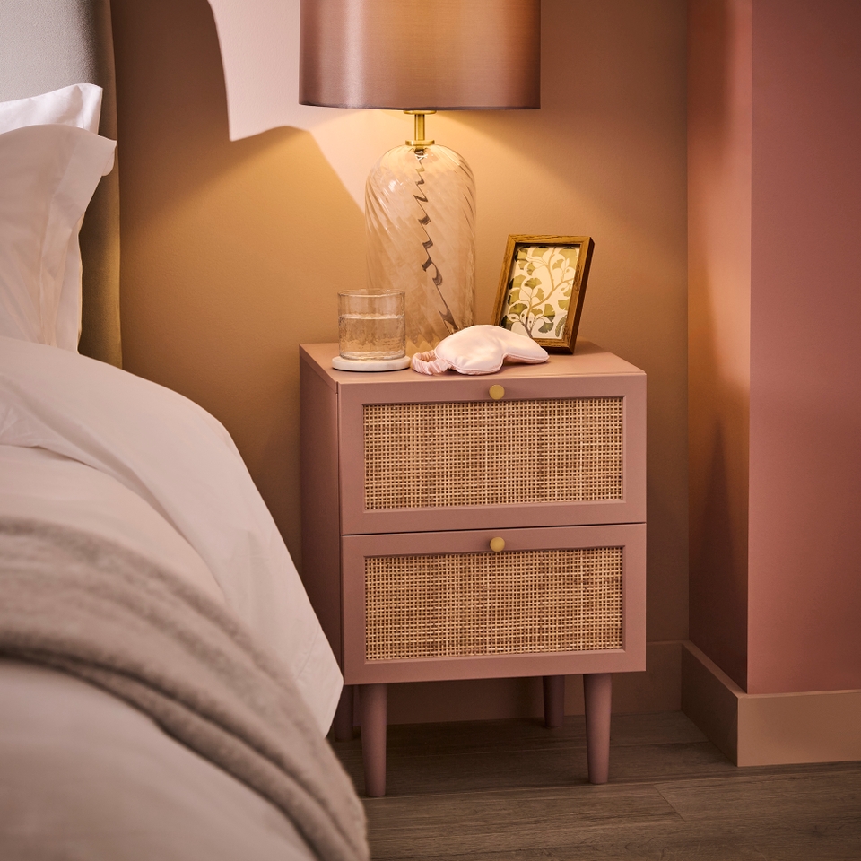 Gracie Rattan 2 Drawer Bedside Table - Dusky Pink