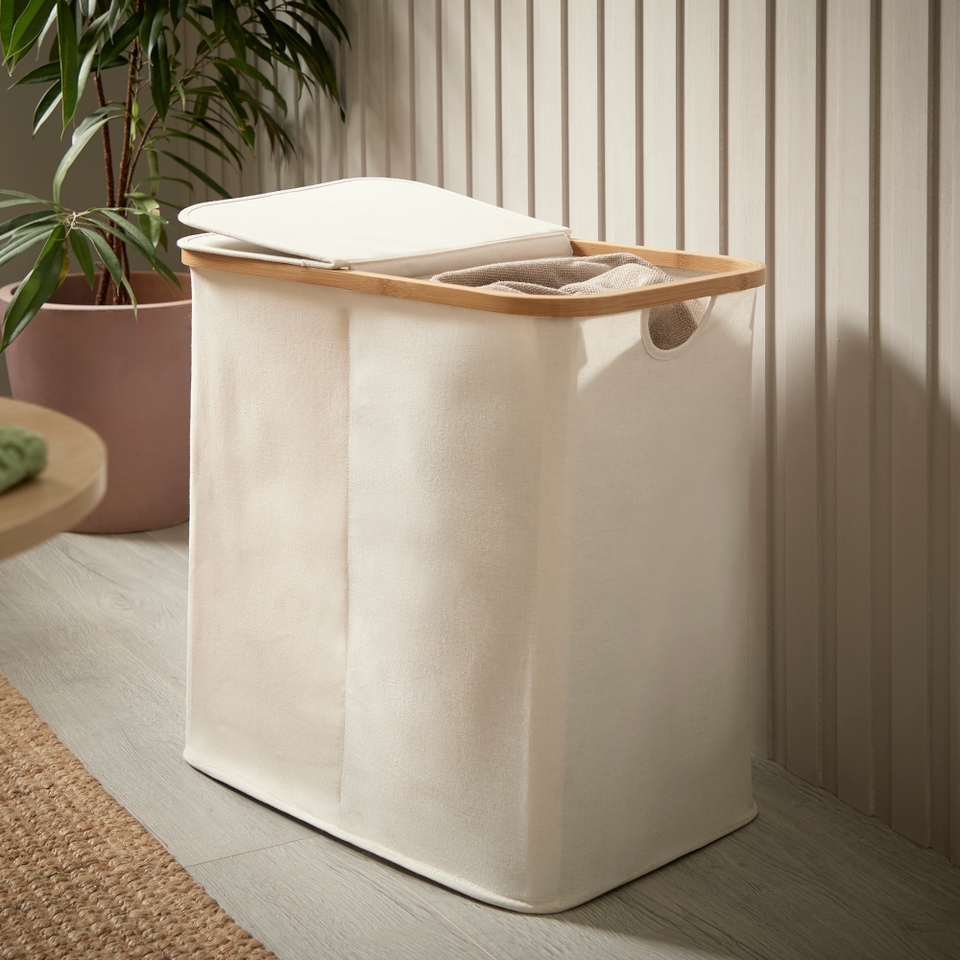 Double Laundry Basket with Lid Cream Homebase
