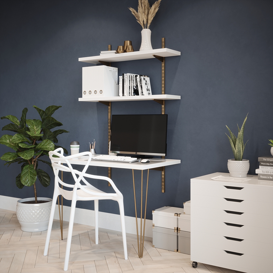 Rothley Home Office Desk Kit with Antique Brass Hairpin Legs, Twinslot Brackets and Uprights - White