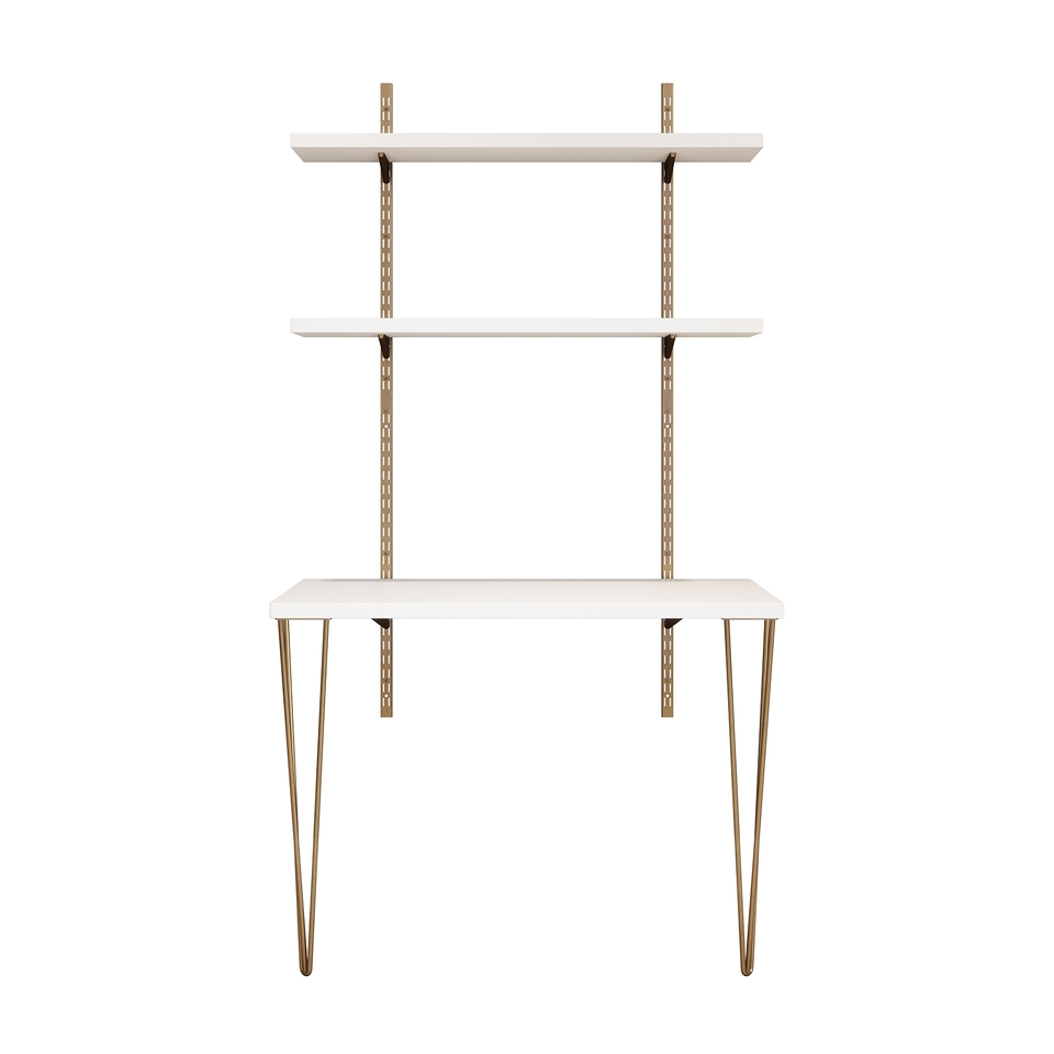 Rothley Home Office Desk Kit with Antique Brass Hairpin Legs, Twinslot Brackets and Uprights - White