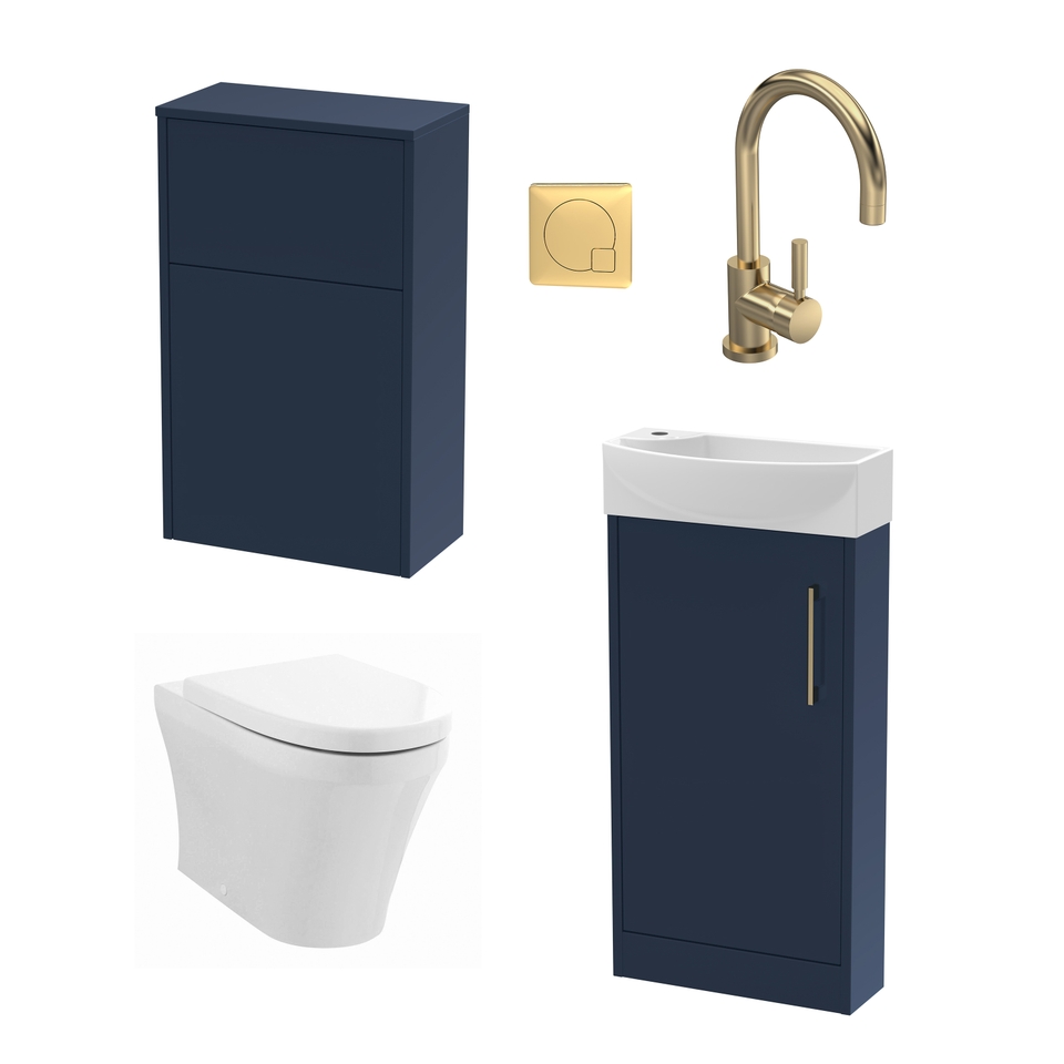 Bueno Bathroom Package with 440mm Right Hand Floorstanding Vanity Unit - Midnight Blue/Brushed Brass