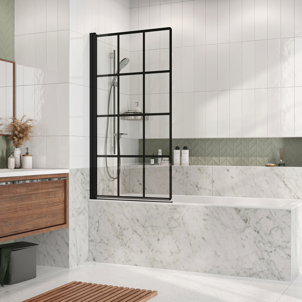 Bathstore Noir Black Grid Bath Screen 1500 x 820mm (6mm Glass) Homebase