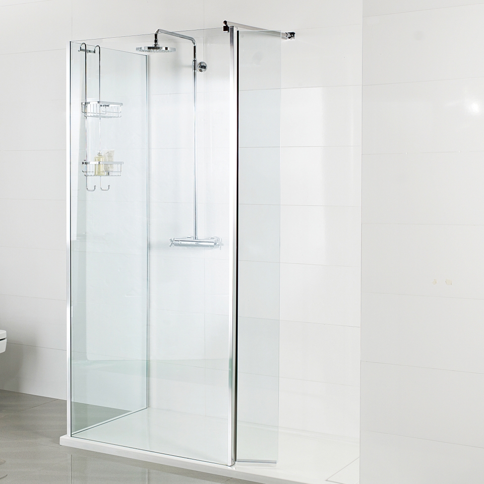 Walk In Shower Pivot Deflector, Clear Glass 2000 x 300mm Chrome (8mm