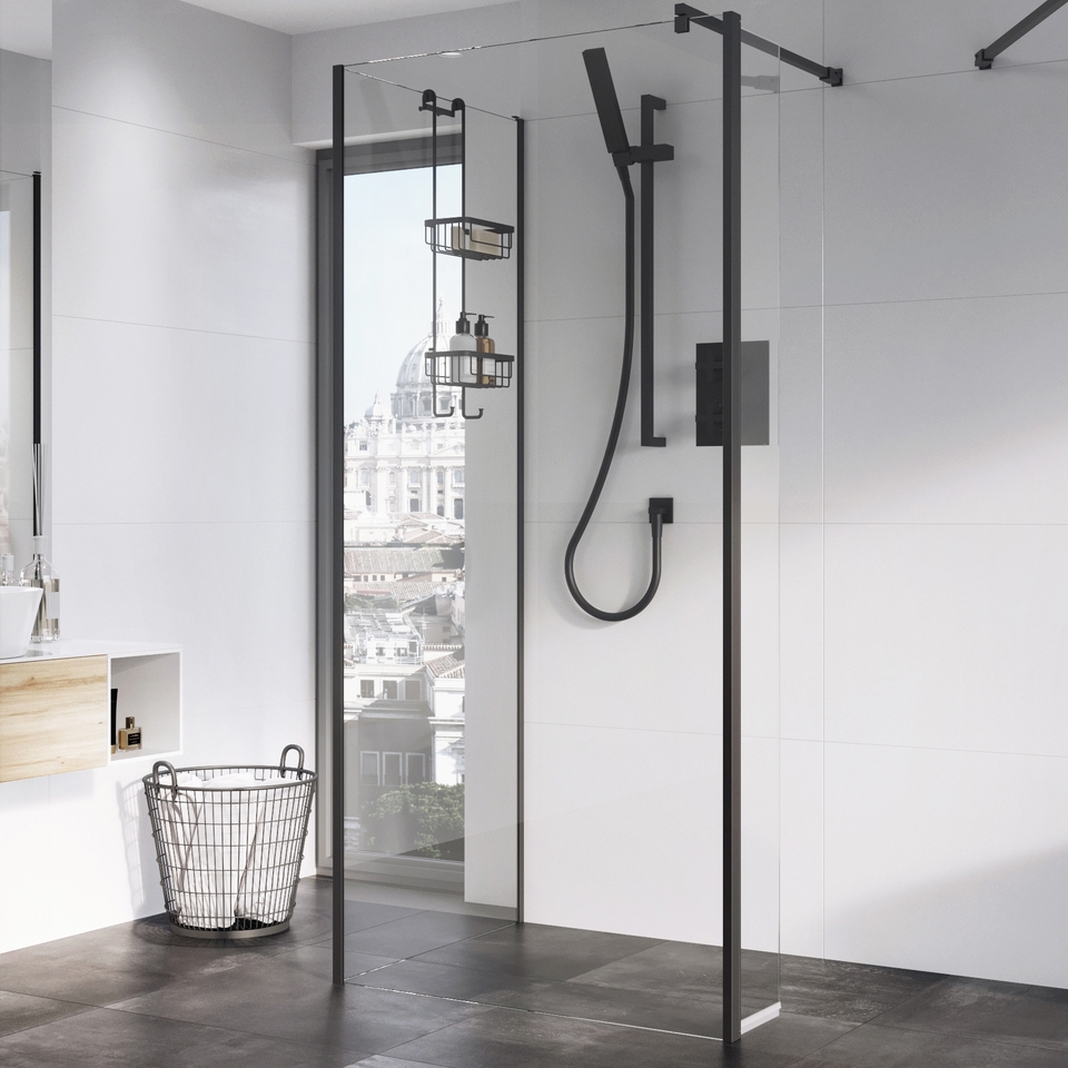 Walk In Shower Pivot Deflector, Clear Glass 2000 x 300mm Black (10mm