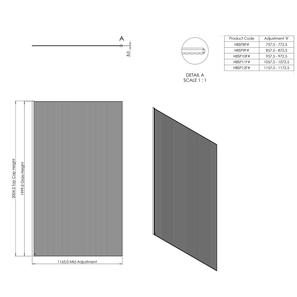 Walk In Shower Panel, Fluted Glass 2000 x 1100mm - Chrome (8mm Glass)