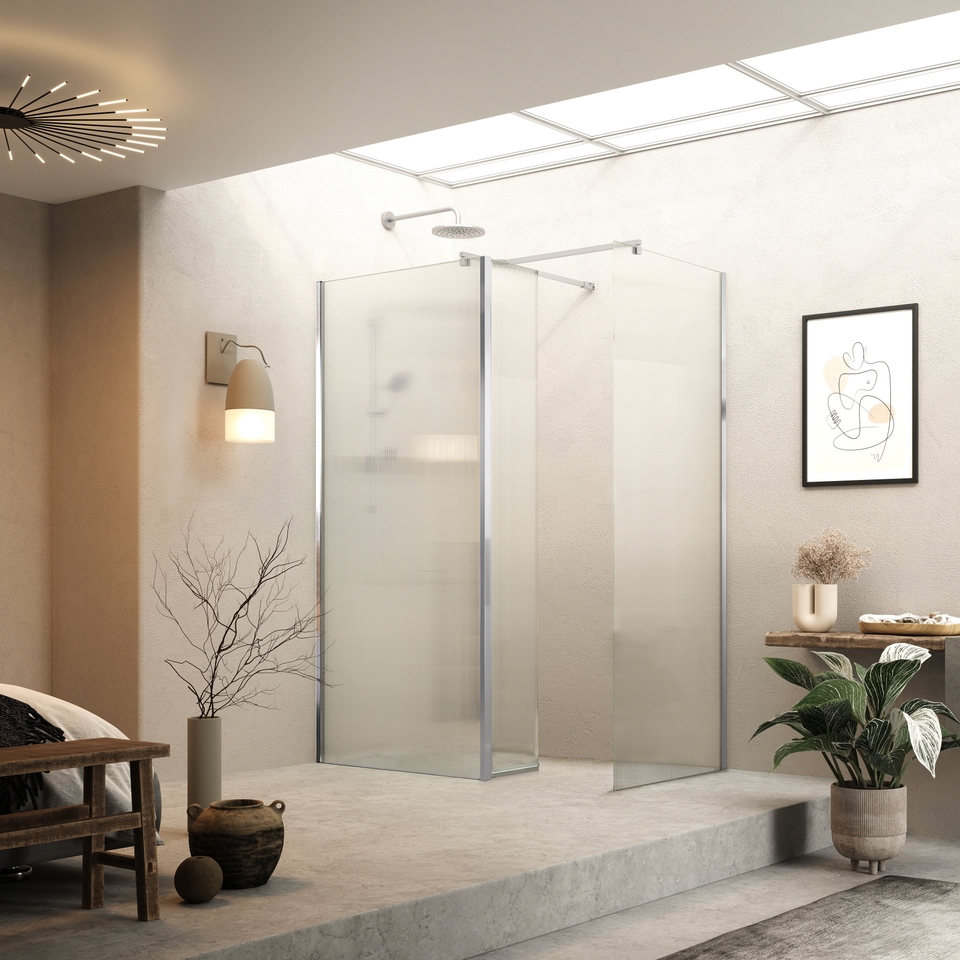 Walk In Shower Pivot Deflector, Fluted Glass 2000 x 300mm Chrome (8mm