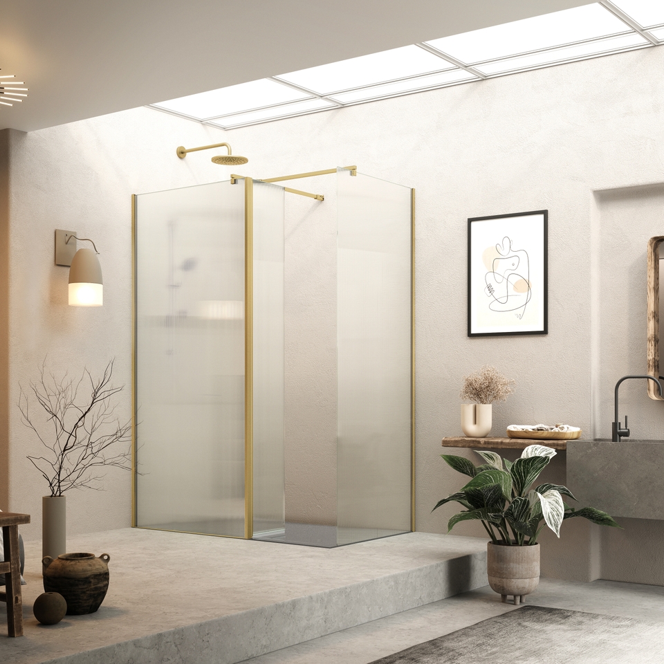 Walk In Shower Panel, Fluted Glass 2000 x 1100mm - Brushed Brass (8mm Glass)