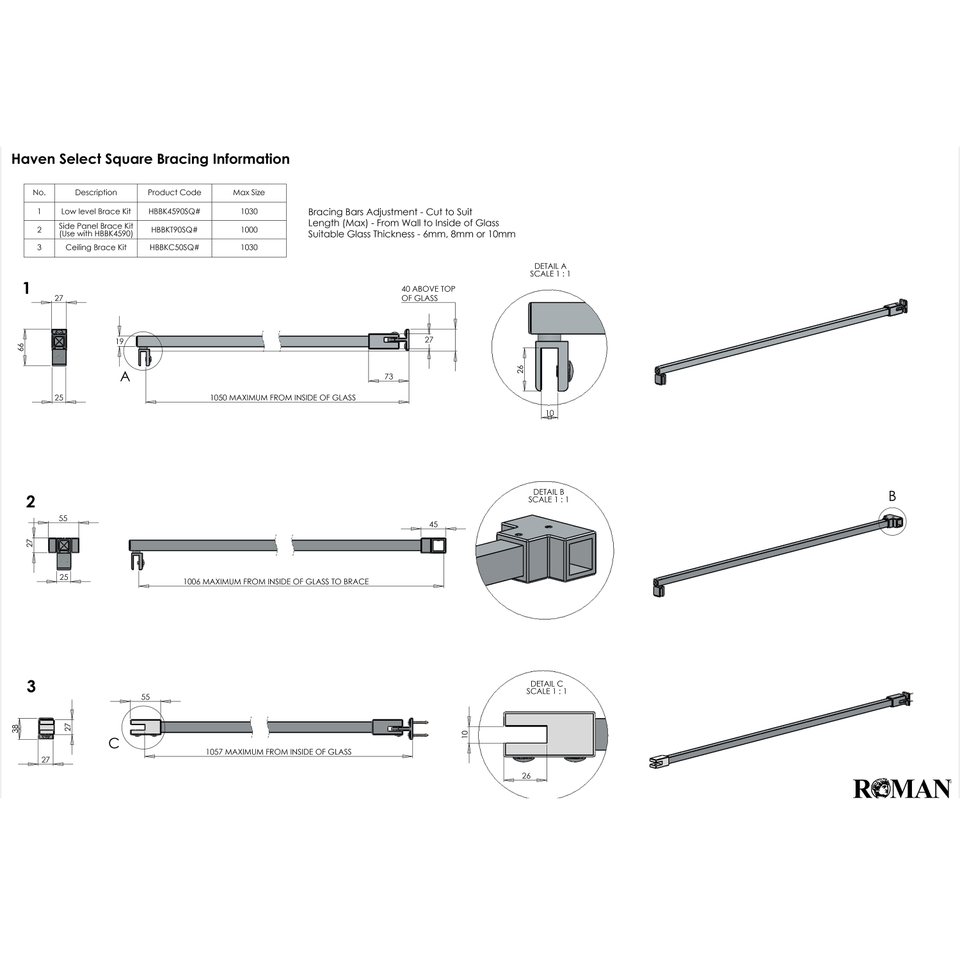 Walk In Shower Square Low Level Ceiling Brace Kit (500mm) Gunmetal