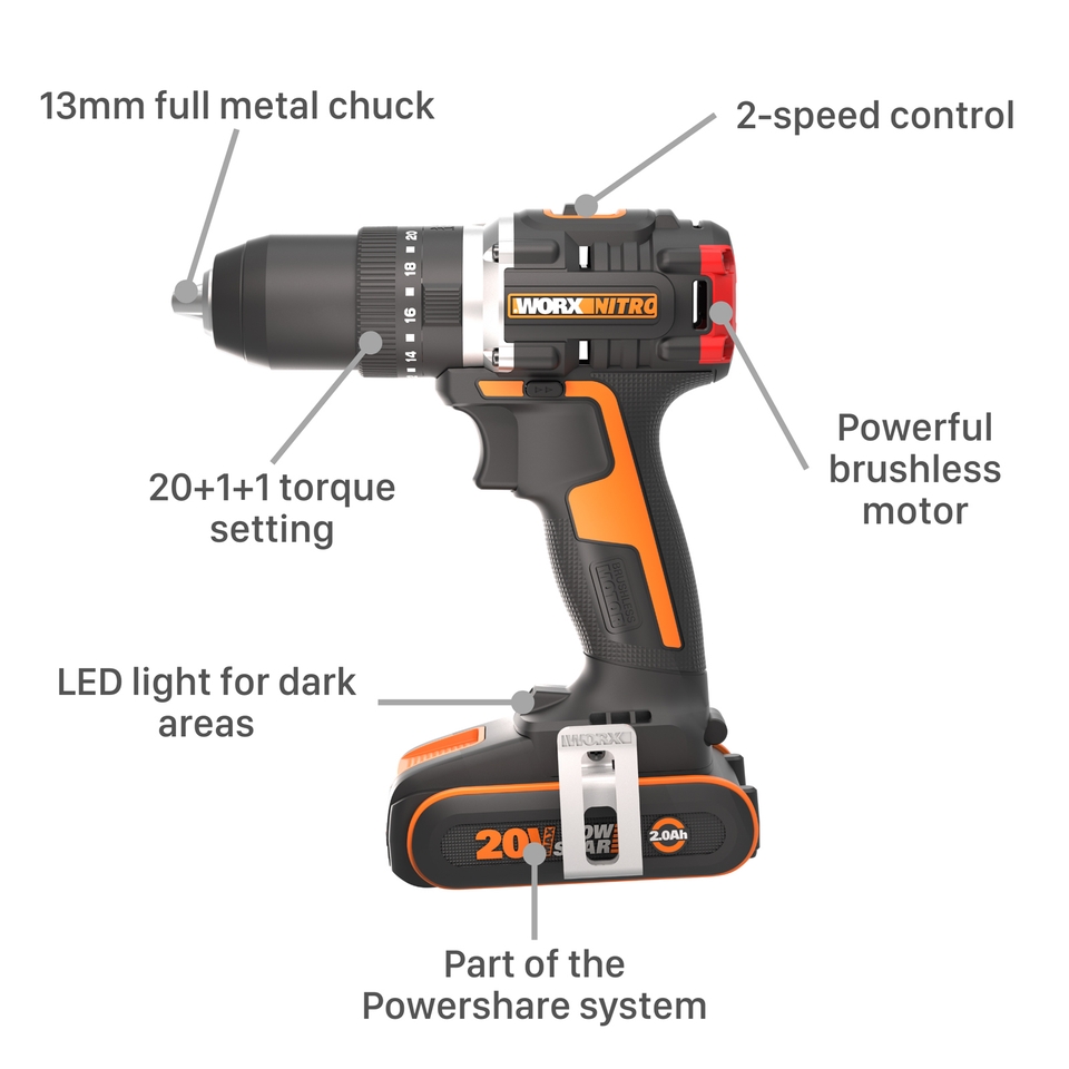 Worx WX355.1 20v Cordless Brushless Combi Drill with x1 2.0Ah Battery ...