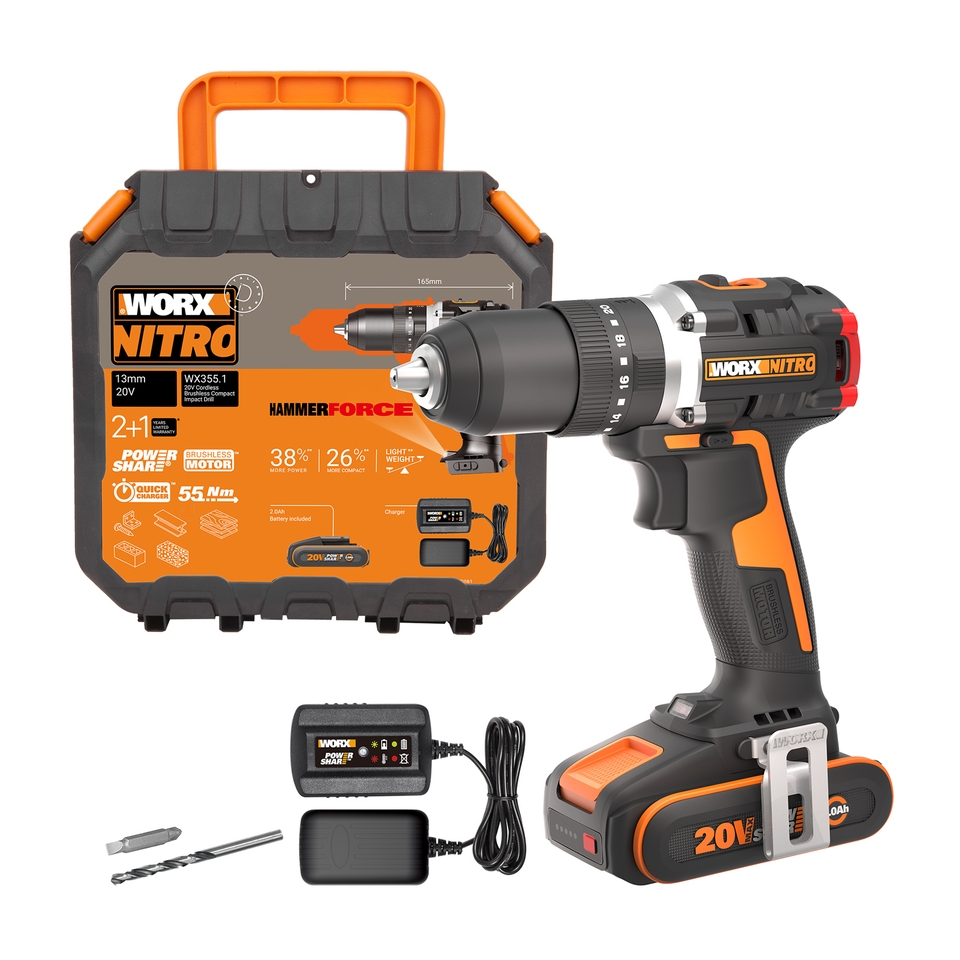 Worx WX355.1 20v Cordless Brushless Combi Drill with x1 2.0Ah Battery Homebase