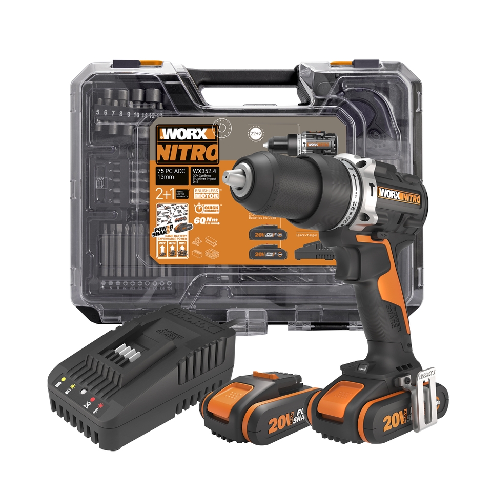 Worx WX352.4 20v Cordless Brushless Combi Drill with x2 2.0Ah Batteries 75 Piece Accessory Pack