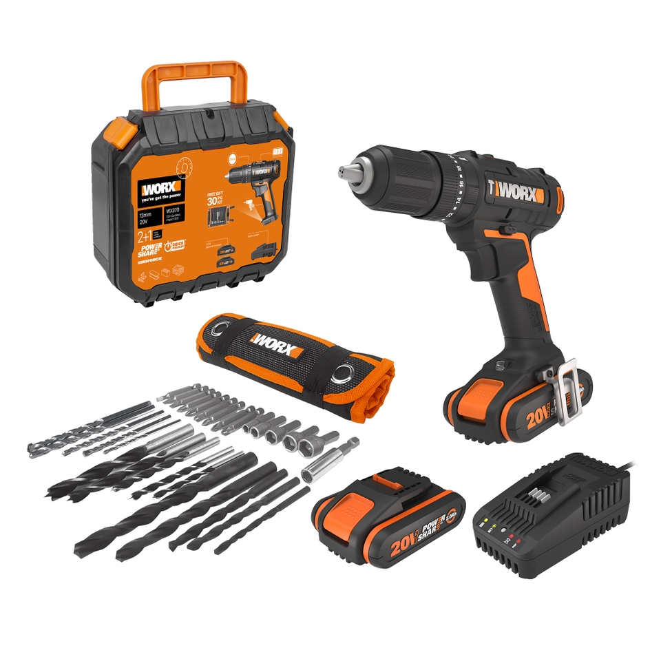 Worx WX370 20v Cordless Combi Drill with x2 2.0Ah Batteries & 30 Piece Accessory Pack