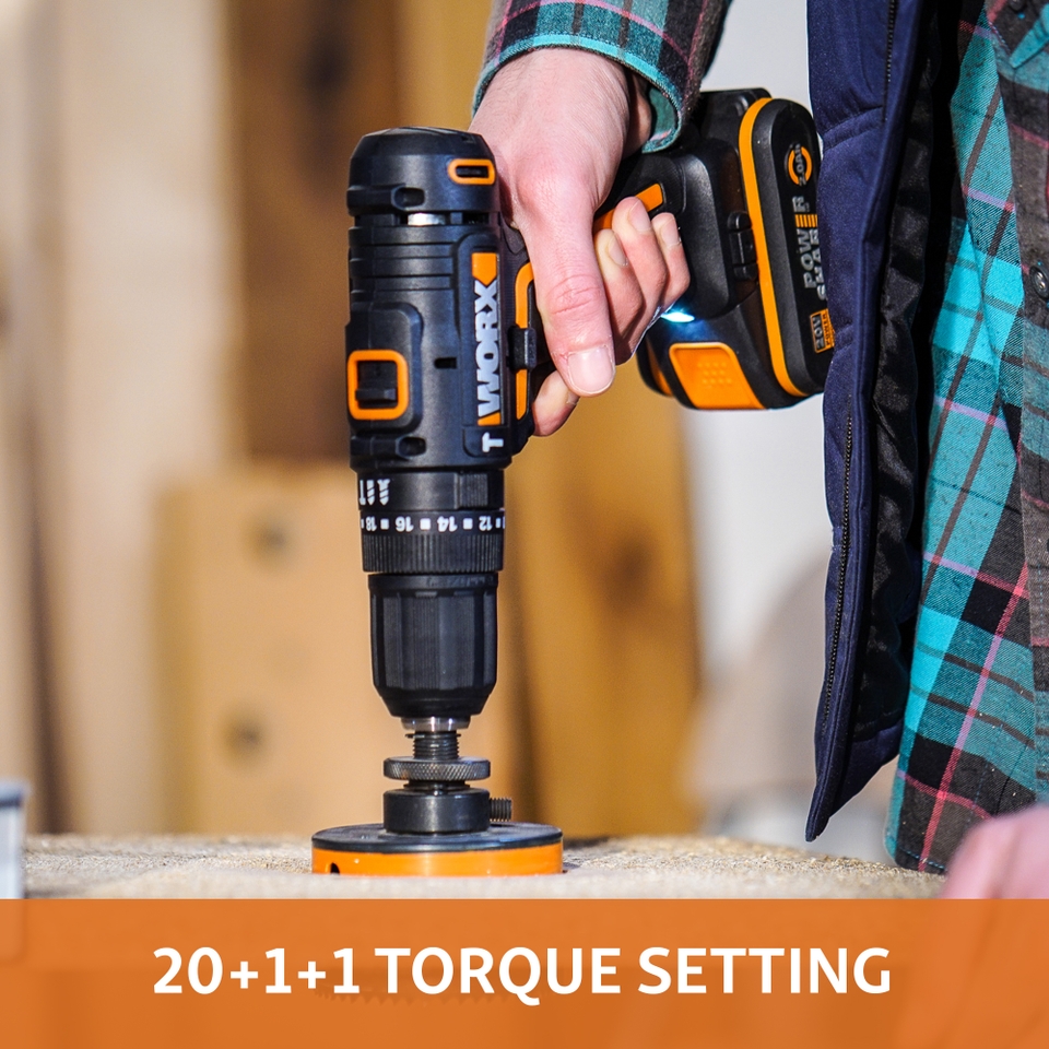 Worx WX370 20v Cordless Combi Drill with x2 2.0Ah Batteries 30 Piece Accessory Pack Homebase
