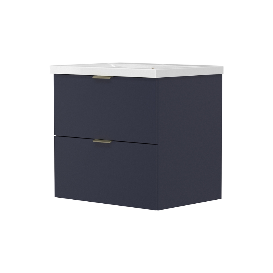 Lindo 600mm Wall Hung Standard Depth Two Drawer Vanity Unit & Ceramic Basin - Matt Blue