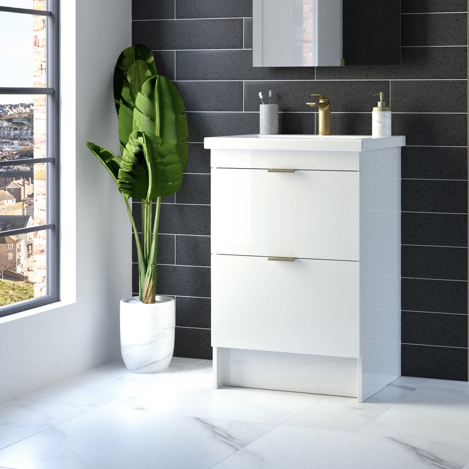 Lindo 600mm Freestanding Standard Depth Two Drawer Vanity Unit & Ceramic Basin - White Gloss