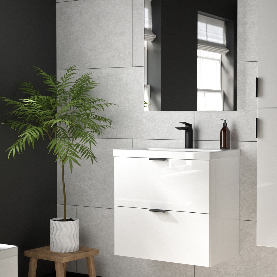 Lindo 600mm Wall Hung Reduced Depth Two Drawer Vanity Unit & Ceramic Basin - White Gloss