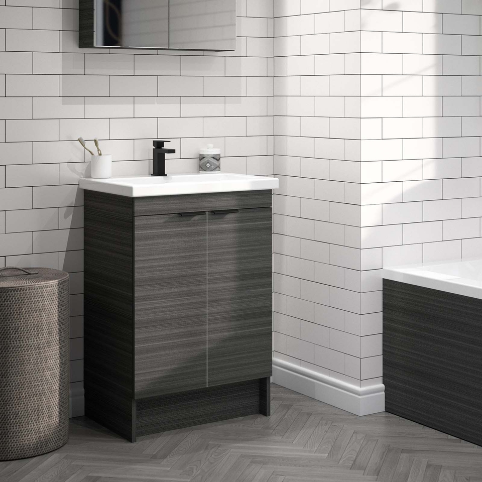 Lindo 500mm Freestanding Reduced Depth Double Door Vanity Unit & Ceramic Basin - Linear Anthracite